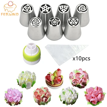 

18 Pcs/Set Icing Piping Nozzles Russian Piping Tips Cake Decorating Russian Flower Tips 10 Pastry Bags 1 Tri-Color Coupler 628