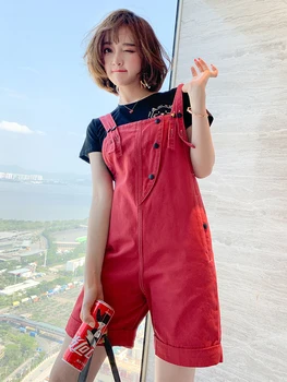 

Stylish Simple Printed T-shirt + Double-Shoulder Strap Button Revers Strap Shorts Suit Women's Fashion Summer New Style