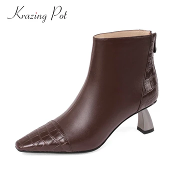 

krazing pot french vintage genuine leather stone pattern small square toe high strange heel zip classic colors ankle boots L22