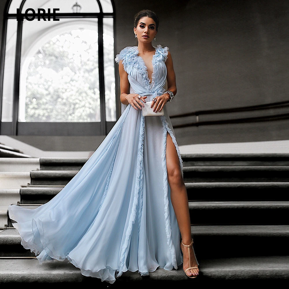 LORIE Sky Blue Evening Dresses Long 2021 Formal Party Gowns High Quality Organza Open Back Wedding Guest Dress Side Split