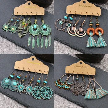 

Bohemia Ethnic Long Tassel Bronze Dangling Drop Earrings Vintage Big Round Earrings Set for Women Geometry Statement Jewelry