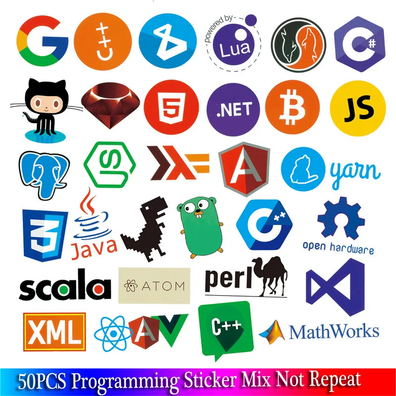 50 шт. интернет Java JS Html Cloud Docker Bitcoin Программирование язык приложение логотип крутые наклейки для ноутбука автомобиля DIY наклейки