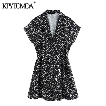 

KPYTOMOA Women 2020 Chic Fashion Print Buttons Playsuits Vintage Lapel Collar Short Sleeve Female Short Jumpsuits Mujer