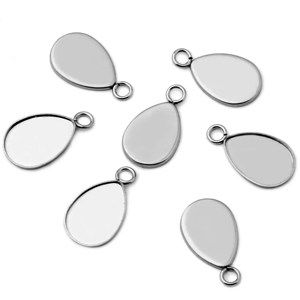 ( No Fade ) 20pcs 10x14mm Inner Size Stainless Steel Material Drop Style Cabochon Base Cameo Setting Pendant Tray