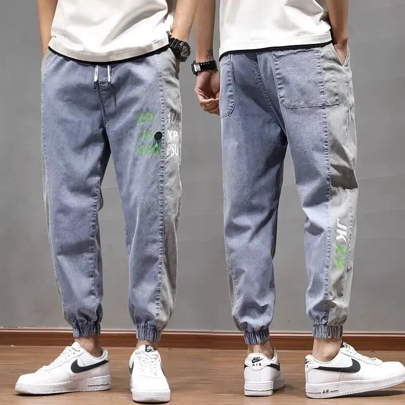 

Summer thin jeans men loose all-match printing stitching elastic waist casual pants daily wear big size clothes