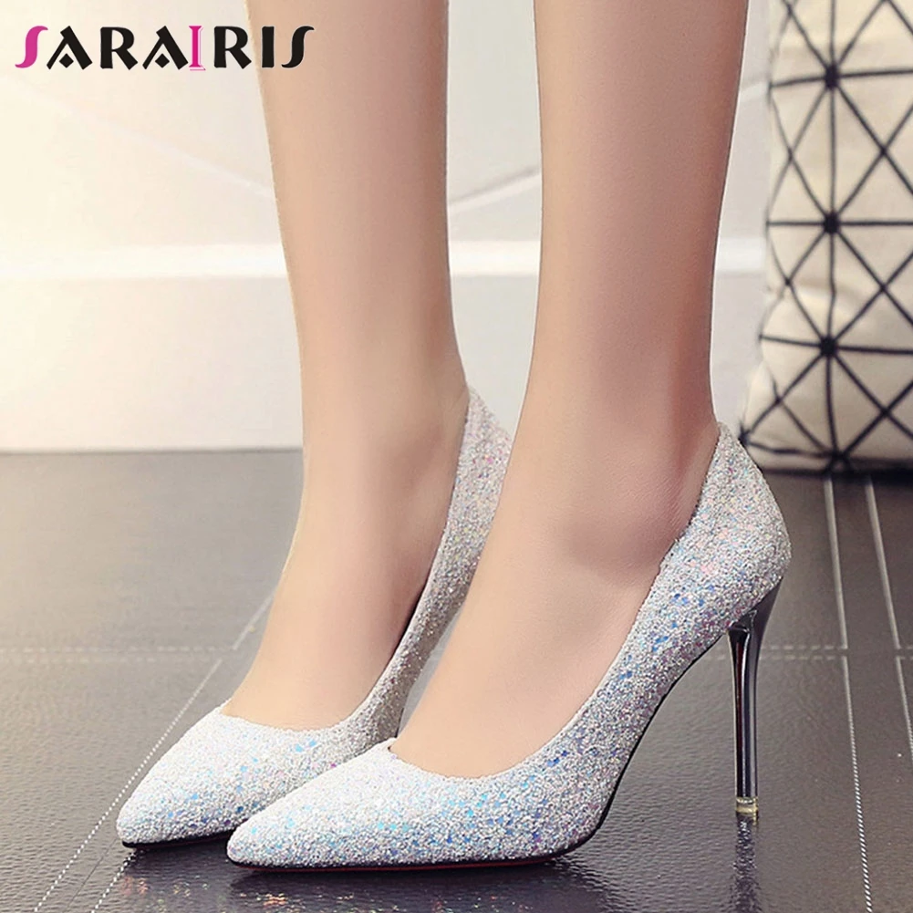 

SARAIRIS Fashion Bling Ladies Thin Heel Shallow Pumps Spring Pumps Women Pointed Toe Slip On Sexy Party Dress Shoes Woman