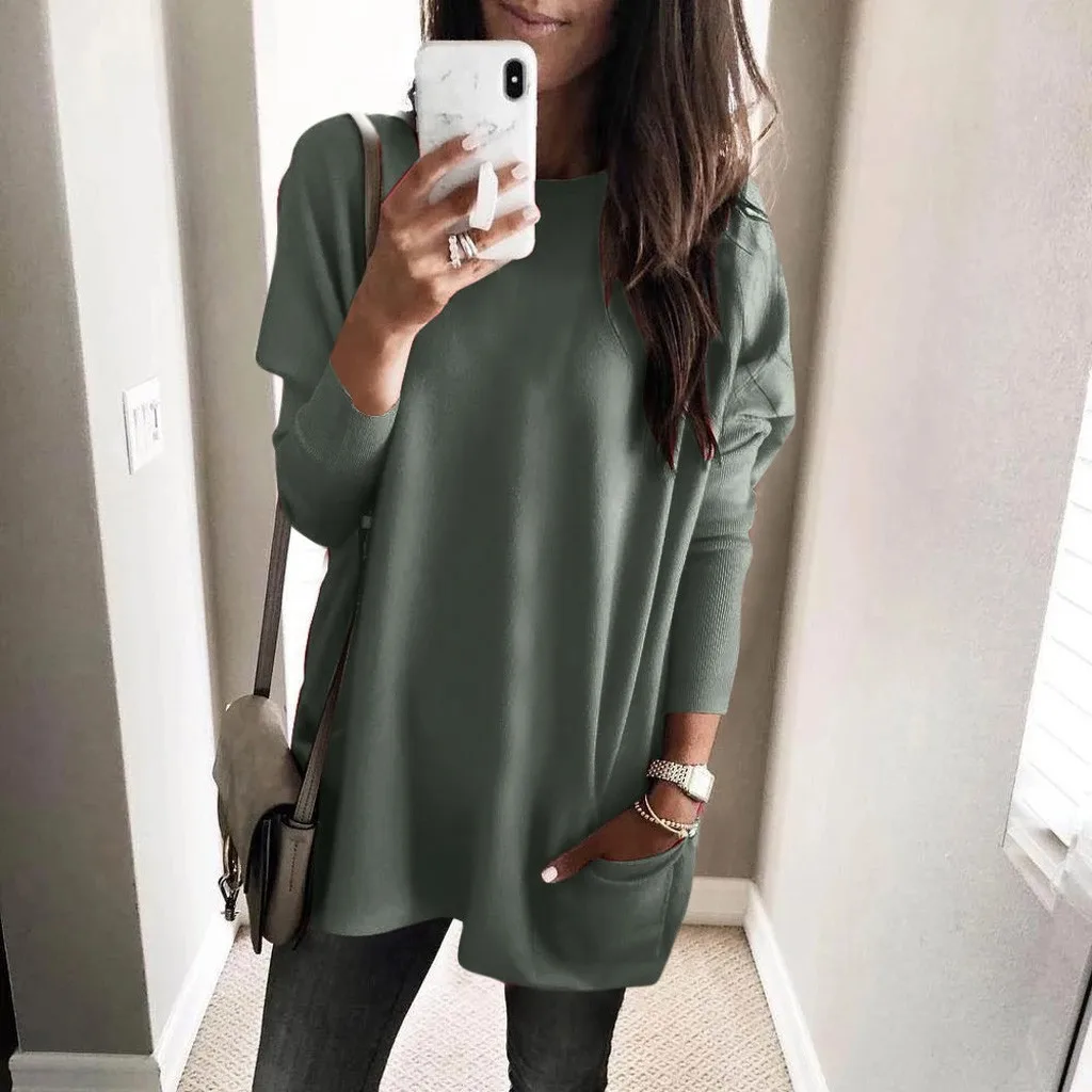 Women Solid Warm Long Sleeve Sweatshirt Loose Pocket Daily Pullover Tops Plus Size Femme Tops#30 - Цвет: Army Green