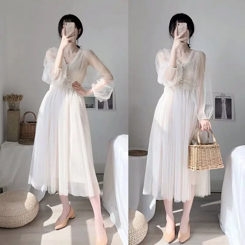 

Fall 2019 Brand New Women Dress V-neck Puff Sleeve Mesh Midi Dress Plus Size Fairy Tulle Lace Dress Elegant Long Dress Vestidos