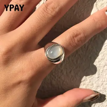

YPAY 100% Genuine 925 Sterling Silver Open Rings for Women Korea INS White Agate Adjustable Finger Ring Fine Jewelry YMR1060