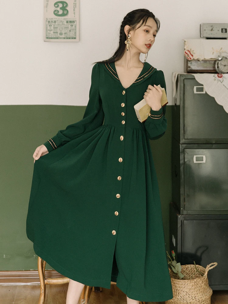 Винтажное зеленое платье с матросским воротником для тонких женщин в стиле ретро элегантное женское платье с длинными рукавами в стиле ампир повседневные официальные платья Vestidos Faldas