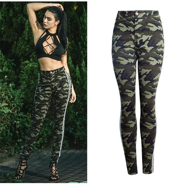 Camouflage High Waisted Striped Jeans Skinny Push Up Woman Plus Size Denim Trousers Fall New Sale Items Dropshipping