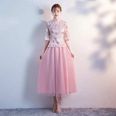 Комплект из 2 предметов, вышитые вечерние платья Cheongsam розового цвета для подружки невесты, винтажное элегантное платье для свадебной вечеринки, сексуальное платье длиной до середины икры - Цвет: L-1949 long pink