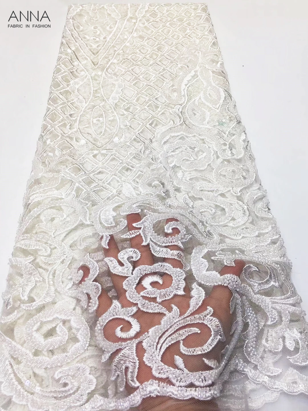 

White African Lace Fabric Handmade Beads and Sequins 2019 High Quality French Tulle Lace Fabric with Embroidery for Big Occasion
