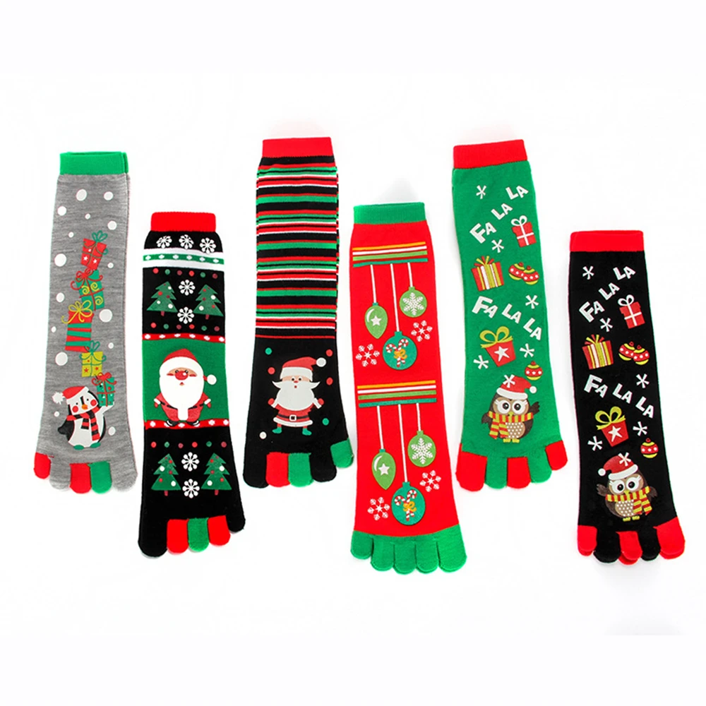 Новые женские теплые мягкие милые счастливые носки с пятью раздельными пальцами веселого Рождества Забавный мультфильм Лось Снеговик Санта Пингвин полосатые носки