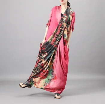 

Spring Retro Chest Cross Floral Print V-neck Irregular Dresses Loose Comfortable Plus Size Long Sleeve Women Silk Long Dress