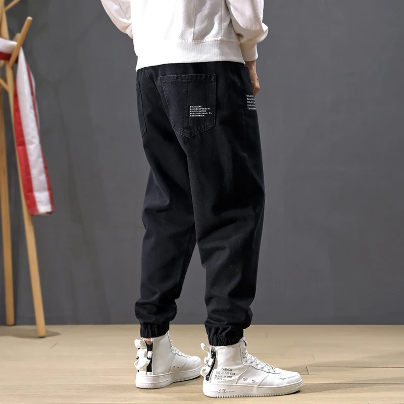 Fashion Streetwear Men Jeans Black Elastic Waist Printed Designer Harem Pants Loose Fit Slack Bottom Hip 2