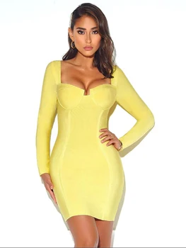 

High Quality Winter Style Sexy V Neck Backless Yellow Bandage Dress 2019 Mini Long Sleeve Elegant Designer Party Dress