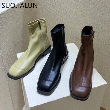 

SUOJIALUN 2020 Women Ankle Boots Flat Heel Square Toe Ladies Short Boot Casual Soft PU Leather Brand Zipper Chelsea Boots Shoes