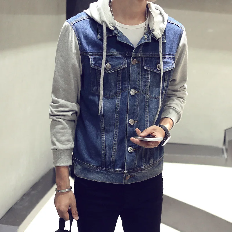 

Autumn Korean-style Slim Fit Mock Two-Piece Plus-sized Denim Jacket Hooded Men's Hooded Demin