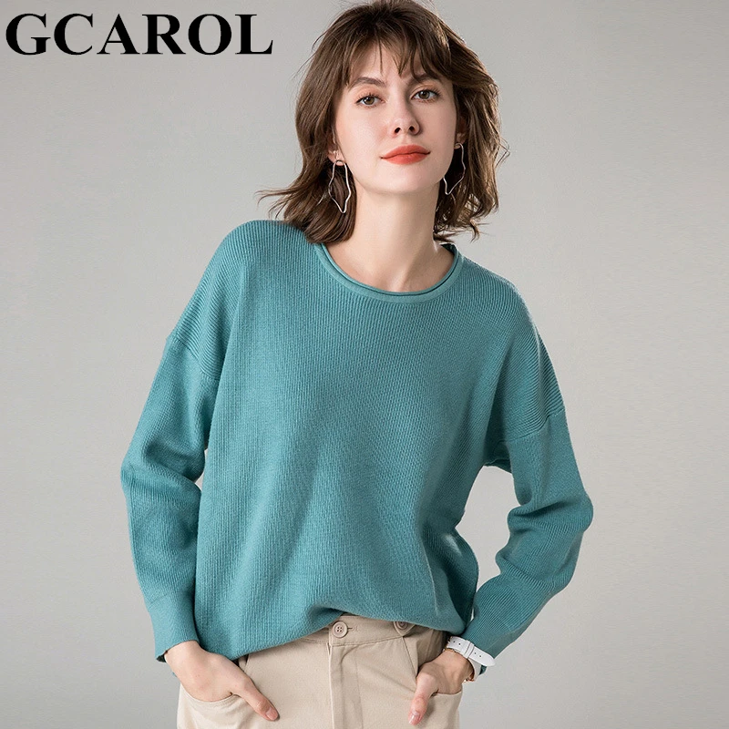 Женский джемпер со спущенным плечом GCAROL, вязаный свитер большого размера с содержанием шерсти 30%, повседневный толстый трикотажный пуловер размера 2XL для осени и зимы - Цвет: Bean green
