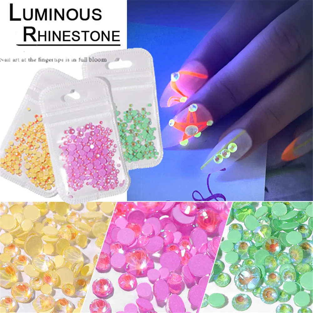 Светящиеся Стразы для ногтей смешанные размеры стеклянные плоские задники Светящиеся в темноте 3D очаровательные драгоценные камни DIY маникюр Дизайн ногтей набор украшений