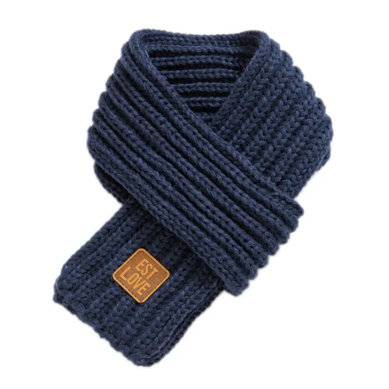 Children Knitted Scarf Solid Color Small Labeling Winter Keep Warm Kids Boys Girls Neck Scarves - Цвет: Синий