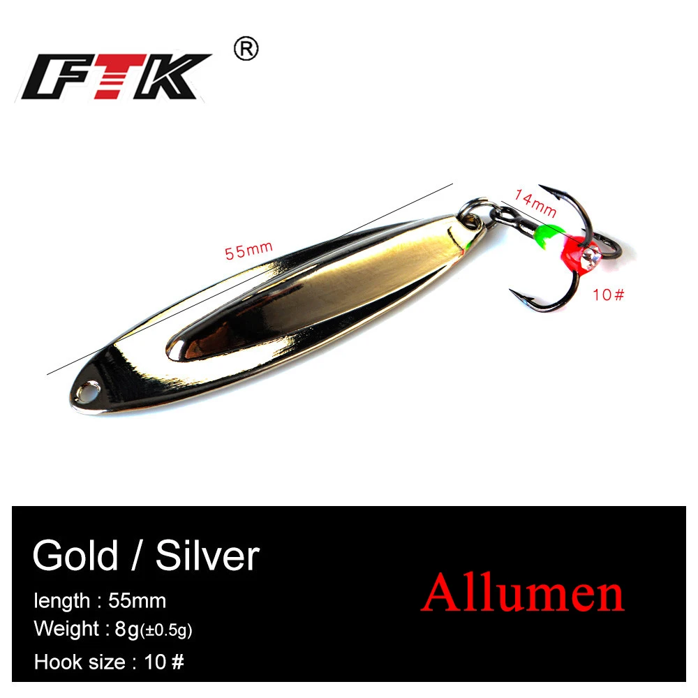 

FTK Ice Fishing Lure Spoon Gold/Silver Allumen Weihgt 8g Length 55mm Fishing Bait Spinner Bait Treble Hook 10# Hard Lures