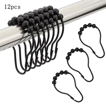 

12 Pieces Curtain Hanging Hooks Portable Household Shower Curtain Rings Black Iron Hooks