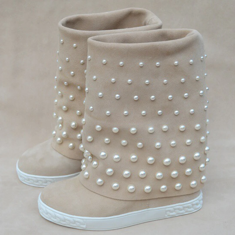 

women 10 CM inner heel pearls beading mid boots suede leather large size women inner heel pearls beading boots real photos