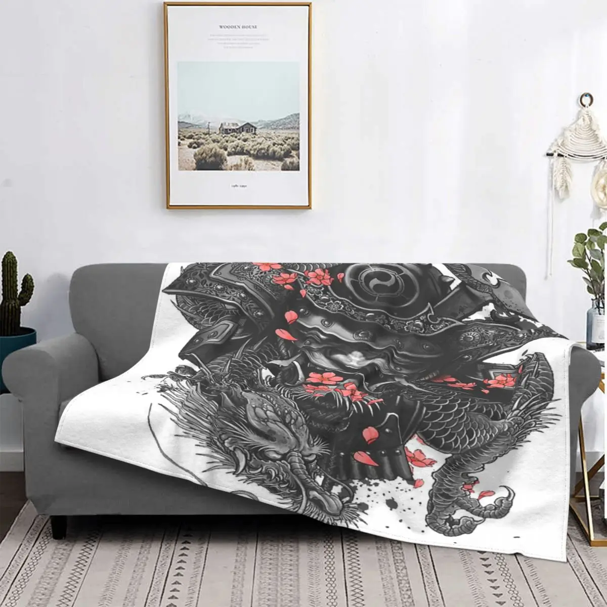 Manta de casco samurái para niños, edredones a cuadros, mullida, Kawaii