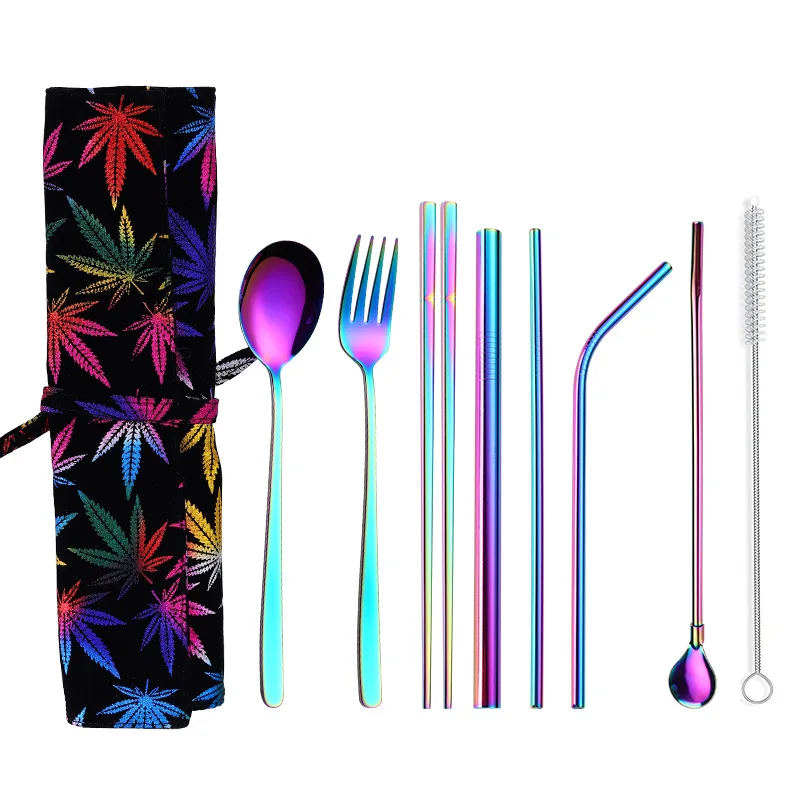 fy9pcs cutlery set Столовая посуда из нержавеющей стали столовый набор из вилок ложка палочки для еды металлическая соломинка ложка для работы путешествия школа портативный набор столовых приборов - Цвет: fy9pcs cutlery set
