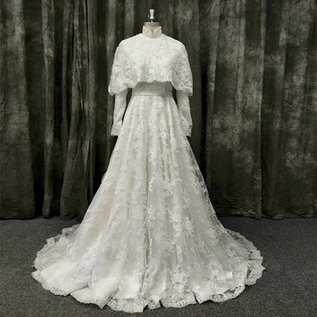 

Muslim High Neck Long Sleeve Lace Wedding Dress Bridal Gown with Shawl