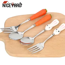 NICEYARD, детская безопасная ложка, вилка, милый мультяшный набор детской посуды из нержавеющей стали, кролик, морковка, инструменты для кормления детей