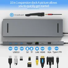 10 в 1 type-C концентратор док-станция USB C к HDMI VGA RJ45 USB 3,0 SD/TF USB разветвитель концентратор адаптер для MacBook Pro type C концентратор