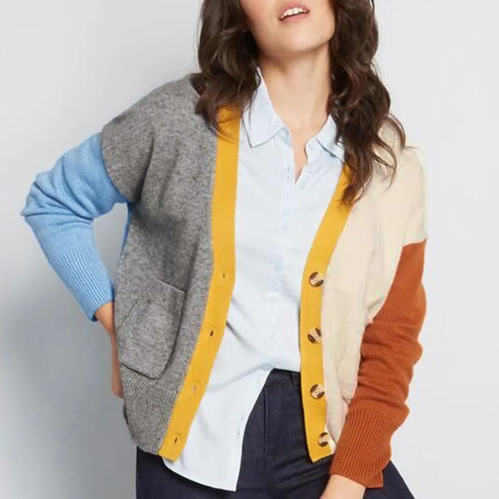 sueter mujer invierno Women Patchwork Long Sleeves Color Block Pockets V-Ncek Button Sweater Knit Cardigans