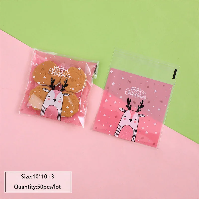 50Pcs Cartoon Cute Pink Renna Trasparente Dessert Cellophane Self-Stick Biscuit Bag Snowflake Cookie Christmas Wrapping Bags