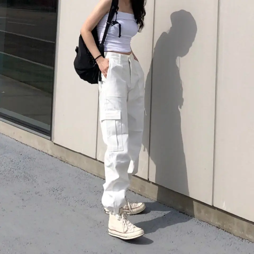 Fall 2020 Women Harajuku Style Designer White Pants Neutral Handsome Cargo  Pants Casual Korean Chic Retro Utility Pants Women