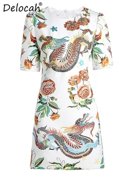 

Delocah 2020 Spring Fashion The New Women Crew neck Chinese Style Beaded Five-point Sleeve Dress