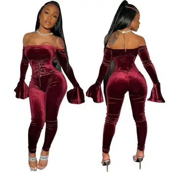 

2 Piece Set Women Clothes Sexy Off Shoulder Bandage Trumpet Sleeve Top Bodycon Pants Velvet Two Piece Set Women Clothing