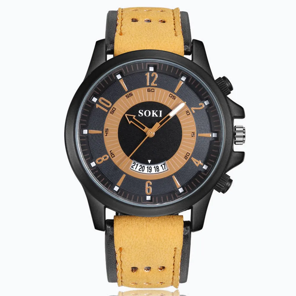 Мужские часы с кожаным ремешком, аналоговые кварцевые круглые деловые наручные часы, мужские часы s relogios masculinos - Цвет: G