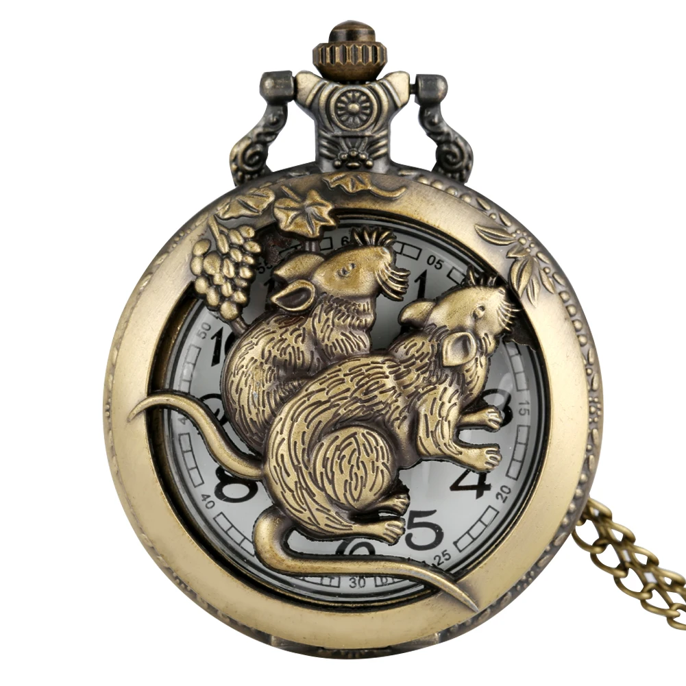 Ретро кварцевые бронзовые карманные часы Китайский Зодиак полые дизайн кулон часы ожерелье цепь унисекс стимпанк часы дропшиппинг - Цвет: mouse slim chain