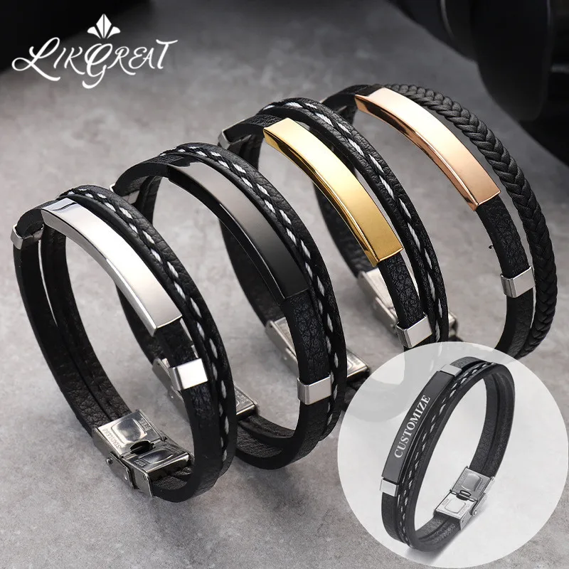 

LIKGREAT Customize Breaclet for Women Men Stainless steel Leather Braided Rope Wrist Band Fashion Couple Jeweley Cuff Bracelets