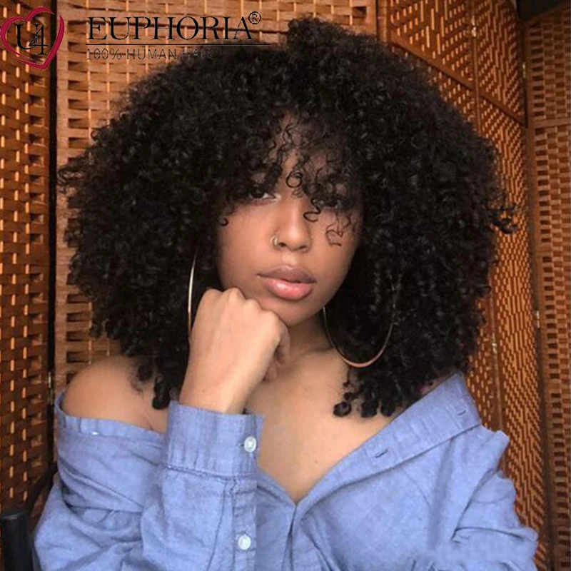 Natural Color Kinky Curly Hair Wigs Brazilian Remy Human Hair Full Machine Wigs With Bangs #30 99J Jerry Curly WigsEuphoria