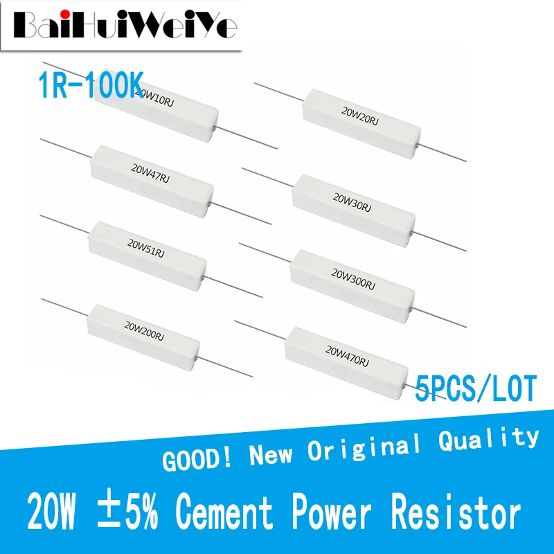 5PCS/LOT 20W 5% Cement Resistor Power Resistance 1R-100K 1R 2R 3R 4.7R 5R 10R 47R 470R 100R 10K 1K 2K 5.1K 20K 30K ohm 5pcs 5w 0 01r 100k ceramic resistance vertical cement resistor 1r 3 3r 3 9r 10r 22r 47r 51r 100r 680r 1k 68 82 20 510 ohm