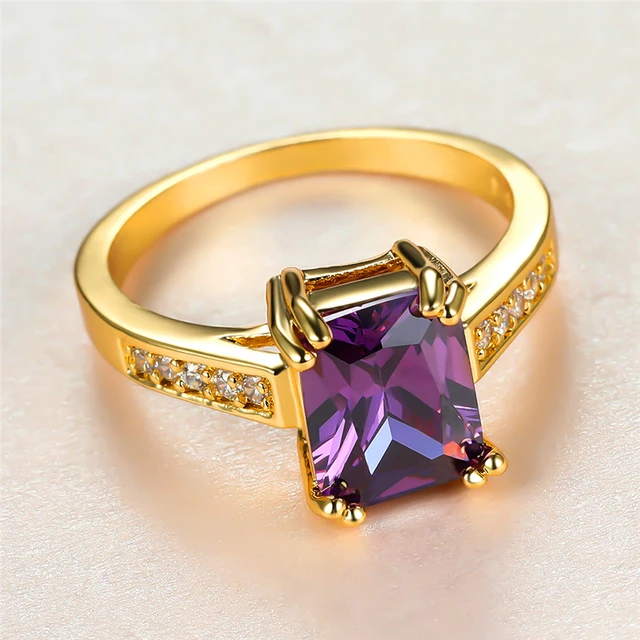 Amethyst Diamond Solid 14K Gold Gemstone Engagement Ring