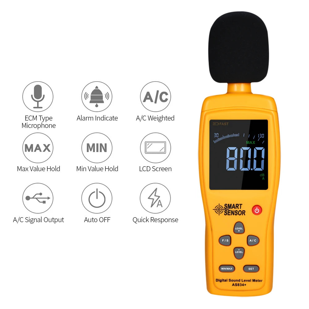 

SMART SENSOR AS834+Digital Noisemeter Sound Level Meter 30-130dB Noise Volume Measuring Instrument Decibel Monitoring Tester
