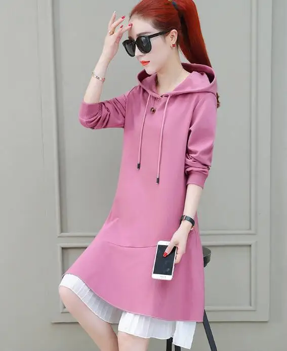 Hooded shirt ins over the knee  dress fishtail fake two pieces