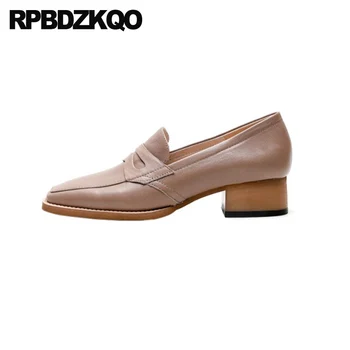 

square toe designer slip on medium heels 2019 casual size 33 4 34 big thick genuine leather chunky block shoes for women pumps