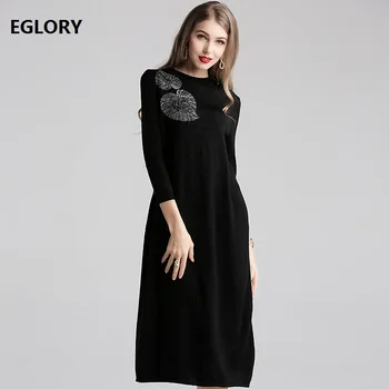 

Top Quality 2019 Autumn Winter Long Sweater Dress Women Sweetheart Embroidery 3/4 Sleeve Mid-Calf Length Black Knitted Dress