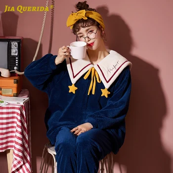 

Girl Ladies New Soft Long Sleeve Long Pants Sleepwear Fashion Style Casual Style Navy Collar Pajamas Set Pj Set Woman Clothes
